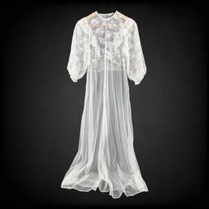 Vintage Bridal Lace Peignoir Sheer Nylon Small Made in USA Romantic 60s 70s
